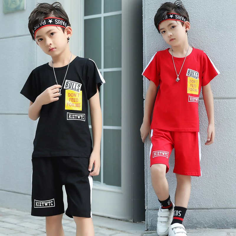 男童套装夏款纯棉短袖童装字母印花新款韩版织带运动两件套