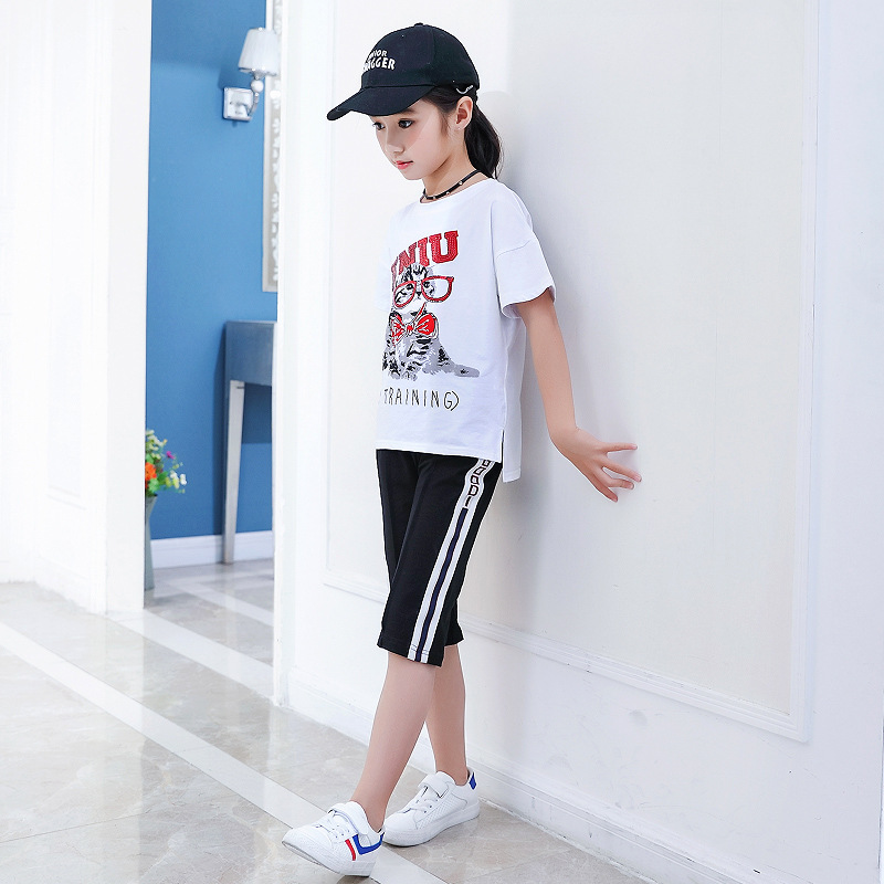 女童纯棉短袖套装夏季韩版休闲t恤可爱猫咪两件套中大童女童装